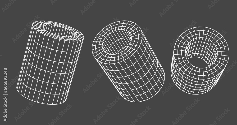 Poster wireframe hollow cylinders or tubes 3d render icons set. abstract geometric mesh polygon graphic obj
