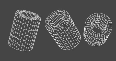 Wireframe hollow cylinders or tubes 3d render icons set. Abstract geometric mesh polygon graphic objects on dark background. Outline white grid y2k shapes, virtual reality elements. 3D illustration