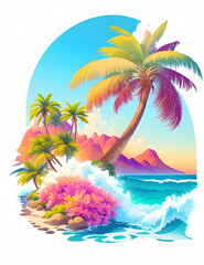 Fototapeta na wymiar Palm tree in digital painting style with Generated AI , beautiful flowers, sunrise mountains and clouds , big sea waves, water splashes, white background, colorful fantasy flower sorround. 