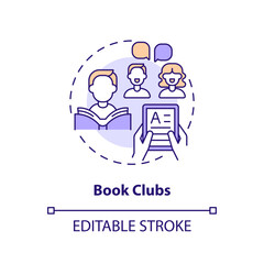 Book clubs concept icon. Discussion group. Public library. Community meeting. Social interaction. Reading book abstract idea thin line illustration. Isolated outline drawing. Editable stroke