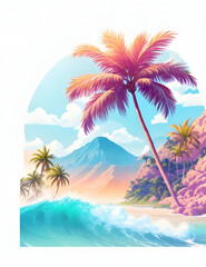 Fototapeta na wymiar Palm tree in digital painting style with Generated AI , beautiful flowers, sunrise mountains and clouds , big sea waves, water splashes, white background, colorful fantasy flower sorround.