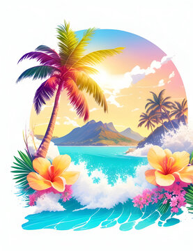 Palm tree in digital painting style with Generated AI , beautiful flowers, sunrise mountains and clouds , big sea waves, water splashes, white background, colorful fantasy flower sorround.