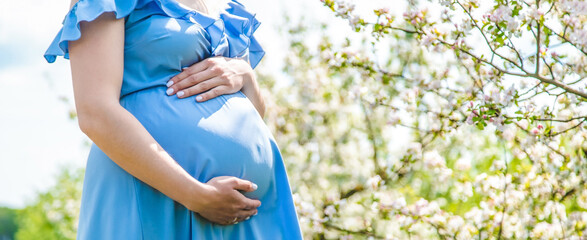 Pregnant woman in the garden of flowering apple trees. Selective focus.