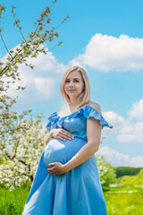 Pregnant woman in the garden of flowering apple trees. Selective focus.