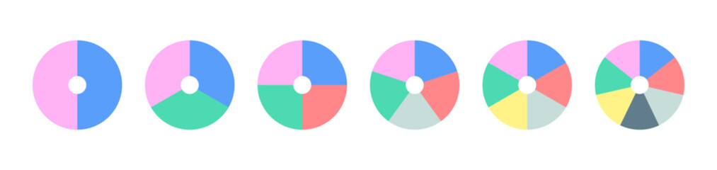 Simple business infographic pie chart collection. 2 to 7 steps vector multicolored illustration isolated on white background