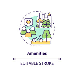 Amenities concept icon. Real estate. Housing cooperative. Quality of life. Residential community. Social interaction abstract idea thin line illustration. Isolated outline drawing. Editable stroke