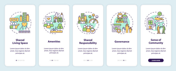 Housing communities benefits onboarding mobile app screen. Walkthrough 5 steps editable graphic instructions with linear concepts. UI, UX, GUI template. Myriad Pro-Bold, Regular fonts used