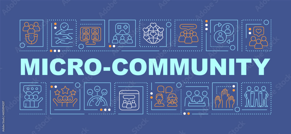 Poster micro community word concepts dark blue banner. support network. infographics with editable icons on