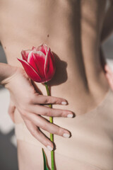 Beautiful woman naked body with flower between legs. Scar on the belly after surgical operation....