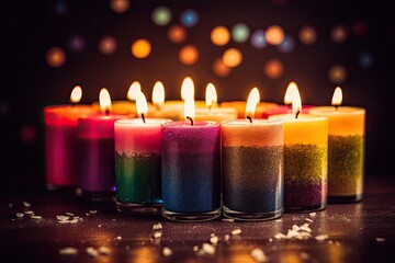 Colorful candles on bokeh background with copy space for text. Generative Ai 