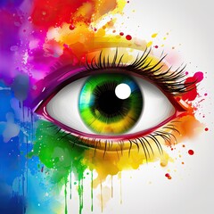 Eye with colorful paint splatters. Generative Ai 