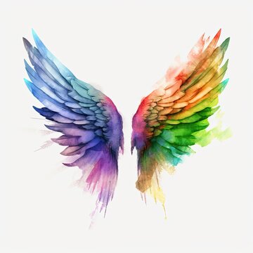 Wings made of colorful watercolor paint isolated on white background. Generative Ai 