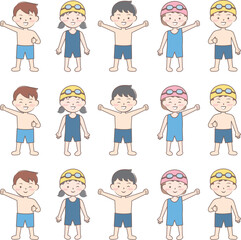 水着姿の子供たち　スイミング　水泳　海水浴　全身　