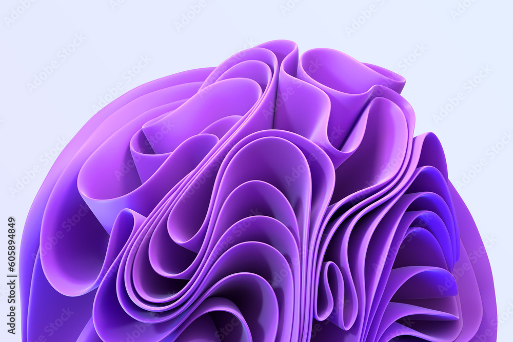 Poster abstract multilayer background with wavy curved ribbons in shape flower 3d render. purple soft layer