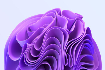 Abstract multilayer background with wavy curved ribbons in shape flower 3d render. Purple soft layers of cloth or paper with lines, folds, ruffles. Fashion wallpaper, texture pattern. 3D illustration