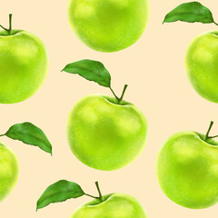 Illustration realism seamless pattern fruit apple green color on beige brown background. High quality illustration