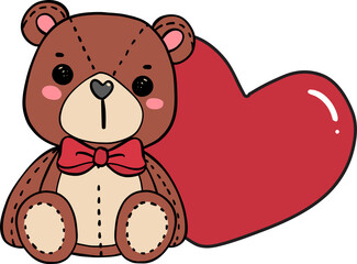 Cute Valentine Teddy Bear with red Heart doodle hand drawing cartoon character