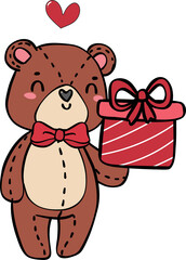 Cute romantic Teddy Bear wear red bow doodle hand drawing cartoon character