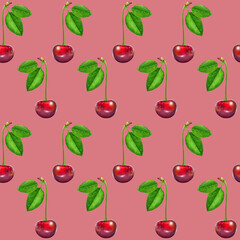 Illustration realism seamless pattern berry vinous cherry with green leaf on a light red background. High quality illustration