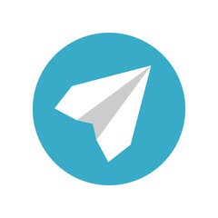 White origami paper airplane in blue circle icon flat vector design