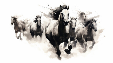 Generative AI, Unbridled Freedom: Watercolor Drawing of a Herd of Wild Horses - obrazy, fototapety, plakaty