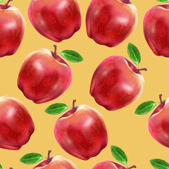 Illustration realism seamless pattern fruit apple red color on yellow background. High quality illustration
