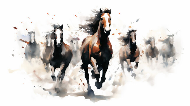 Generative AI, Unbridled Freedom: Watercolor Drawing of a Herd of Wild Horses