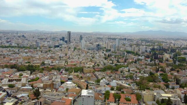Aerial Panoramic View Of Nicosia Cityscape In The Republic of Cyprus. 