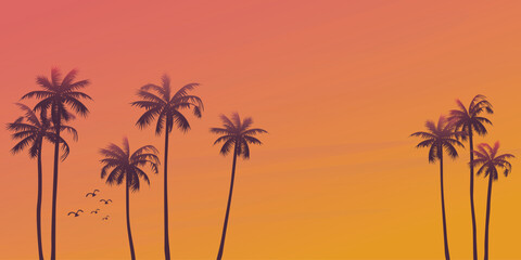 Naklejka na ściany i meble Palm tree silhouette with sunset sky background vector illustration. Summer traveling and party at the beach concept flat design with blank space.