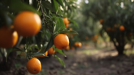 An orange grows on a tree, Orchard. Generative AI