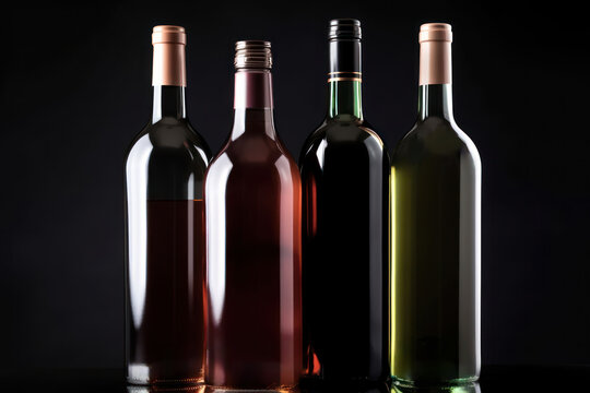 Wine bottles isolated on black, Red, rose and white wine bottles variety Generative AI