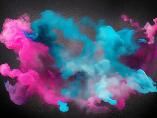 Fototapeta premium Paint water. Color mist. Magic spell mystery. Blue pink contrast vapor floating splash cloud blend on dark black abstract art background, Ai Generative