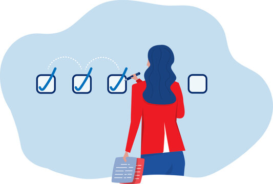 businesswoman pencil-categorized sticky notes work on completed checkbox to reach goal finished checklist,project progression progress to target concept vector