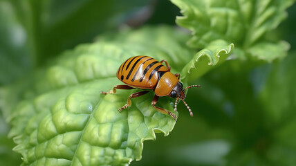 Fototapeta premium Colorado potato beetle eats green potato leaves closeup. Generative Ai