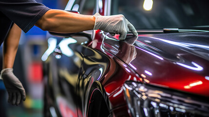 Man worker of car detailing studio removing scratches on car varnish. Generative Ai