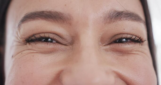 Portrait Close Up Of Brown Eyes Of Happy Biracial Woman Smiling, In Slow Motion