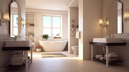Naklejka na ściany i meble Bright elegant bathroom interior in a luxury house. Generative Ai