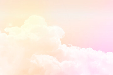Pink pastel sky background. Fantasy beautiful white fluffy clouds on soft pink sky. Pale pink gradient on smooth cloudscape. Cloudy abstract on magical sky