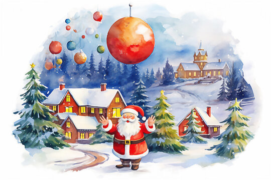 Santa Claus in winter village. Merry christmas and Happy New year concept/ Illustration.  Post processed AI generated image .