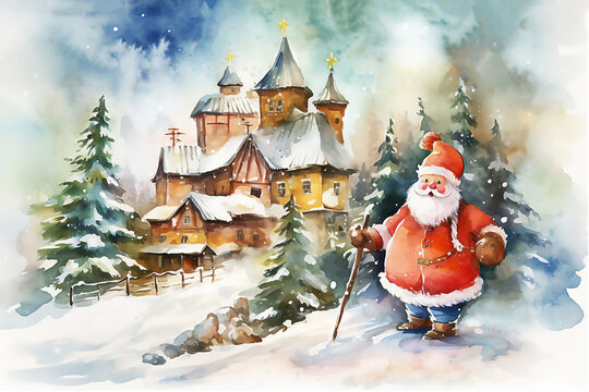 Santa Claus in winter village. Merry christmas and Happy New year concept/ Illustration.  Post processed AI generated image .