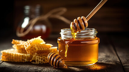 Fototapeta na wymiar Honey in jar with honey dipper on vintage wooden background. Generative Ai