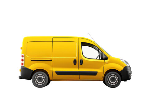 Yellow delivery van side view on isolated empty background. Generative AI