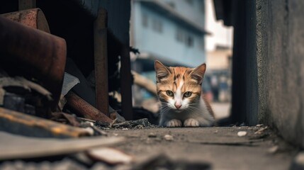 Stray orange cat on the damaged street, abandoned cat, AI generative - obrazy, fototapety, plakaty