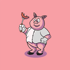 Cute fat pig cooking BBQ cartoon illustration
