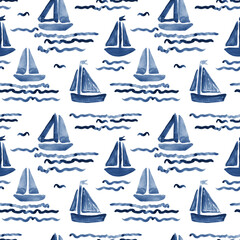Ships on the waves, nautical style, repeatable pattern for textiles, wallpaper. Seamless print.