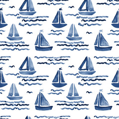 Ships on the waves, nautical style, repeatable pattern for textiles, wallpaper. Seamless print.