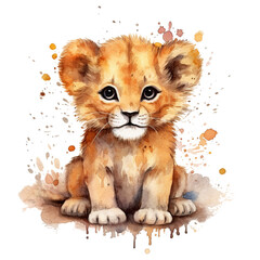 Watercolor little lion isolated on transparent background. Generative AI