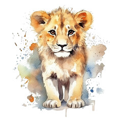 Watercolor little lion isolated on transparent background. Generative AI