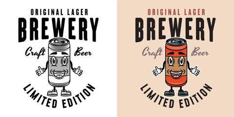 Obraz premium Brewery company vector emblem, badge, label or logo with beer can smiling character. Two styles monochrome and colored with removable textures