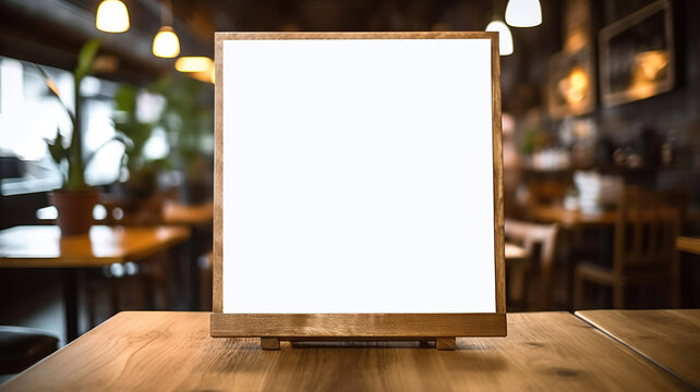 Blank menu board on wooden top table with blurred of coffee shop background. Generative Ai
